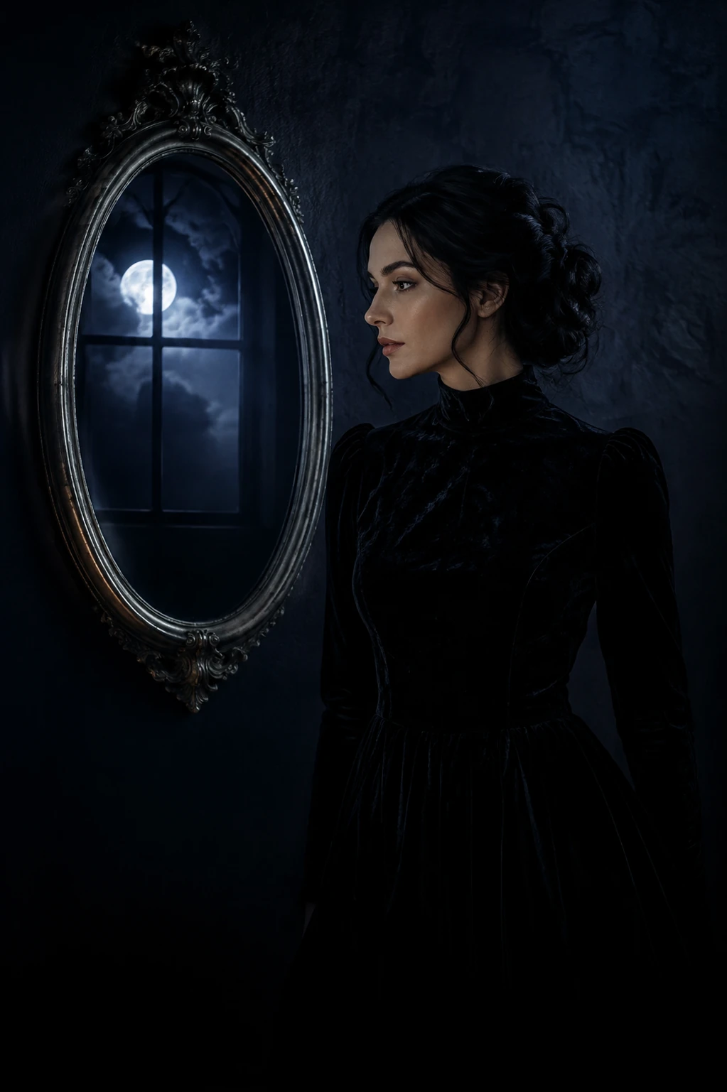 A moonlit fantasy portrait reflected in an antique mirror